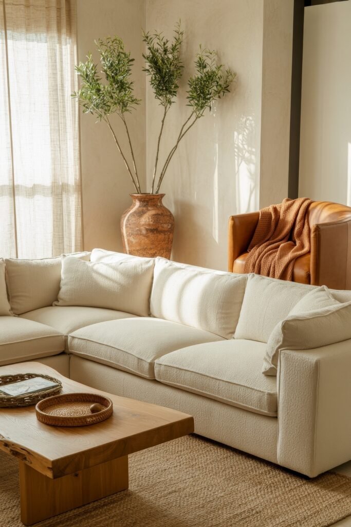 Rustic Luxury Living Room: Warm and Unique Living Area Themes 34 Sunlit corner with a creamy sectional, square wood coffee table, rustic leather armchair, and large terracotta vase holding green branches, set against sheer curtains.