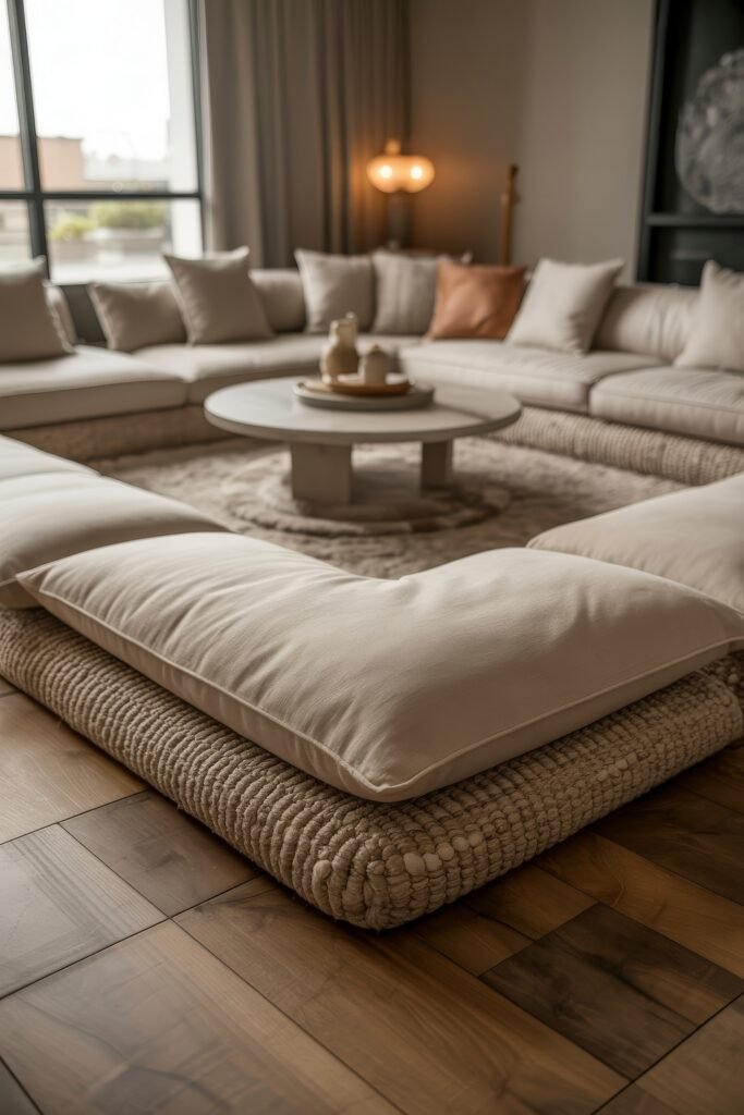 Sunken living room Magic: Cozy Tips for Instant Depth 31 A sunken living room with low, textured beige seating cushions and plush back pillows arranged in a U-shape. In the center is a round coffee table with minimalist ceramic decor atop a soft, circular rug. Warm lighting and large windows create a serene, cozy atmosphere.