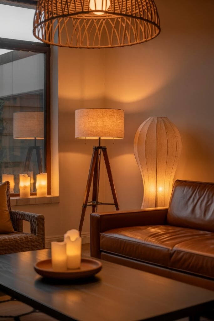 Brown Couch Living Room Ideas: Cozy and Chic Decor Inspiration 34 Brown leather sofa illuminated by layered warm lighting, including a rattan pendant, tripod lamp, and sculptural floor lamp, with soft candlelight on a dark wood table for a cozy and inviting atmosphere.