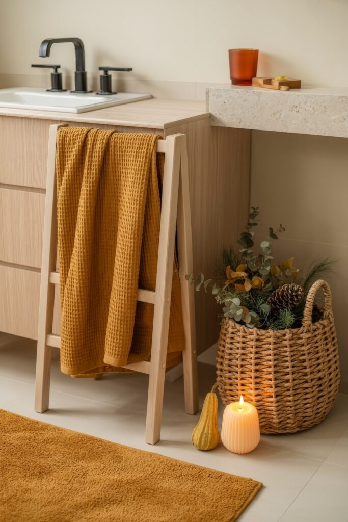 Fall Bathroom Decor: Cozy Upgrades for Instant Spa 31 Light wood bathroom vanity with a black faucet, golden waffle towel draped on a small wooden ladder, and a woven basket filled with pinecones, greenery, and fall stems beside a glowing candle and gourd, styled with cozy fall bathroom decor.
