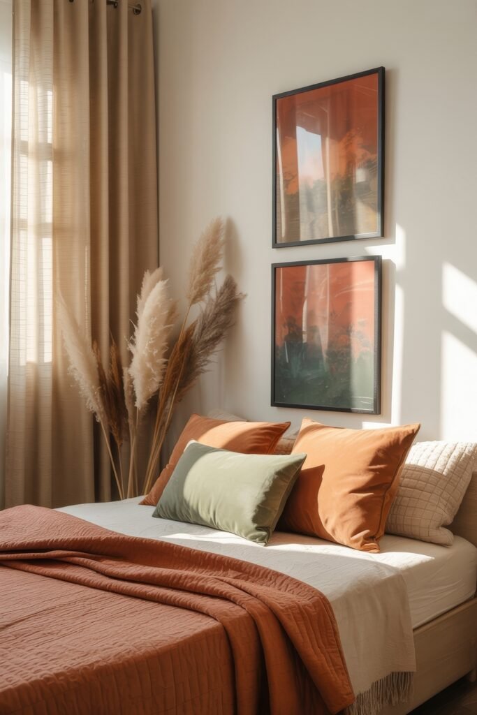 Fall Bedroom Decor: Cozy Ideas You’ll Love 29 Soft autumn light filtering into a bedroom with rust-orange and sage pillows, neutral bedding, and abstract artwork, enhanced by warm pampas grass in the corner.