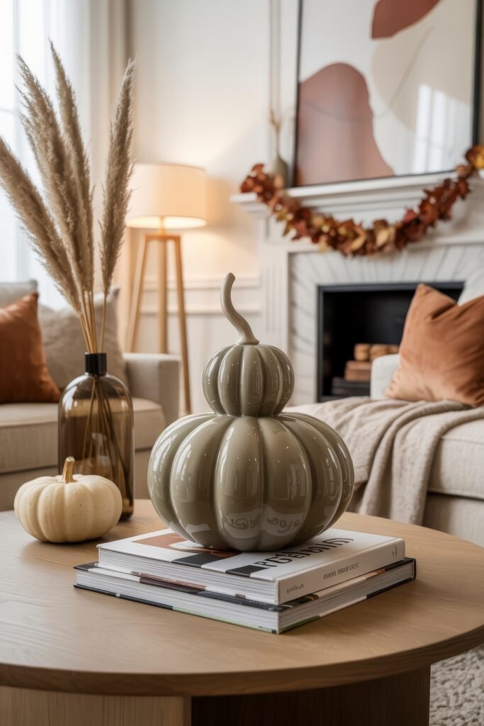 Fall Living Room Decor: Brilliant Ways to Cozy Up 28 Elegant fall living room with a pale wooden table showcasing a glossy sage-green pumpkin, books, a white mini pumpkin, and a smoky glass vase with pampas grass, all set against a fireplace adorned with garland and rust pillows.