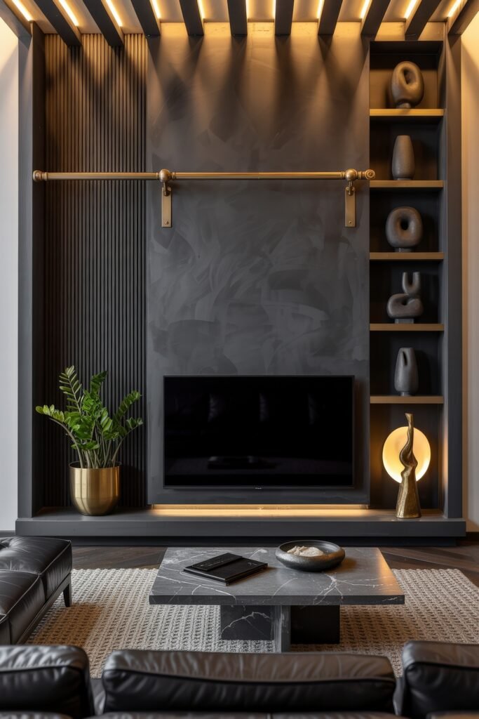 Living Room TV Wall Luxury: Sleek Ideas for a Stylish Setup 32 Dark-toned luxury living room featuring a textured black TV wall with ambient lighting, brass art rail, sculptural decor, and a sleek black marble coffee table surrounded by leather seating and warm metallic accents.