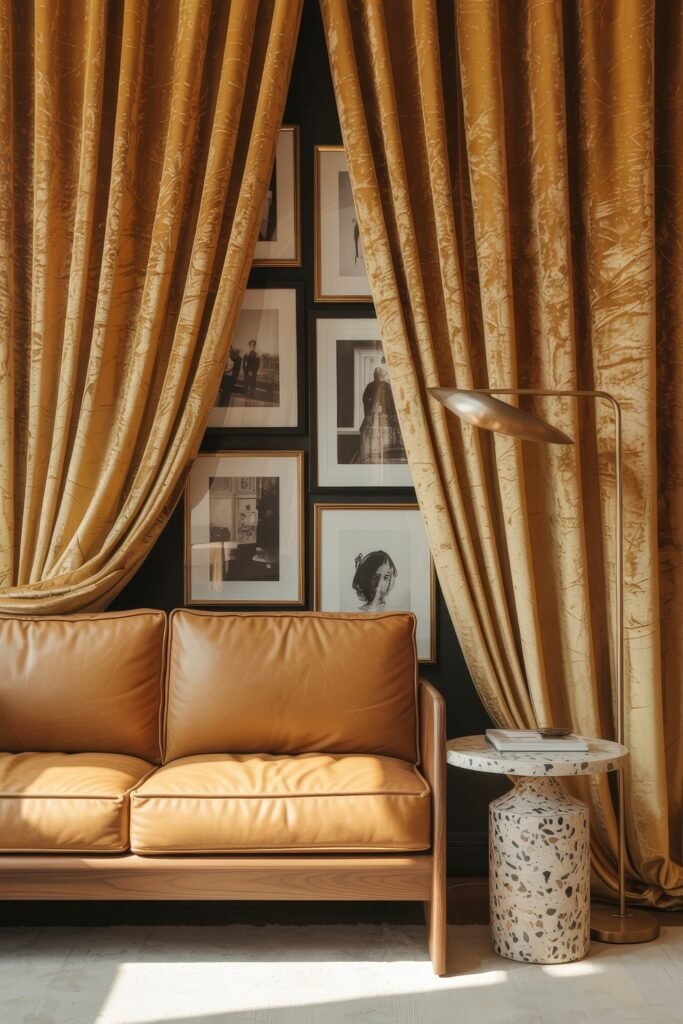 Luxury Curtains Living Room: Luxurious Curtains & Window Treatments 25 Dramatic interior with golden crushed velvet curtains framing a gallery wall of black and white portraits, behind a cognac leather sofa and terrazzo side table with a brass arc lamp.