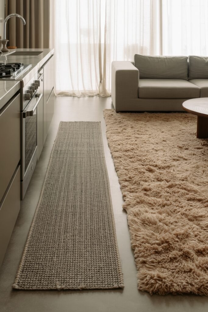 Open kitchen and living room: Smart Tips for Seamless Flow 32 Cozy kitchen-living area with a sleek counter, woven runner rug, and a plush beige shag rug beside a neutral-toned couch and sheer curtains.