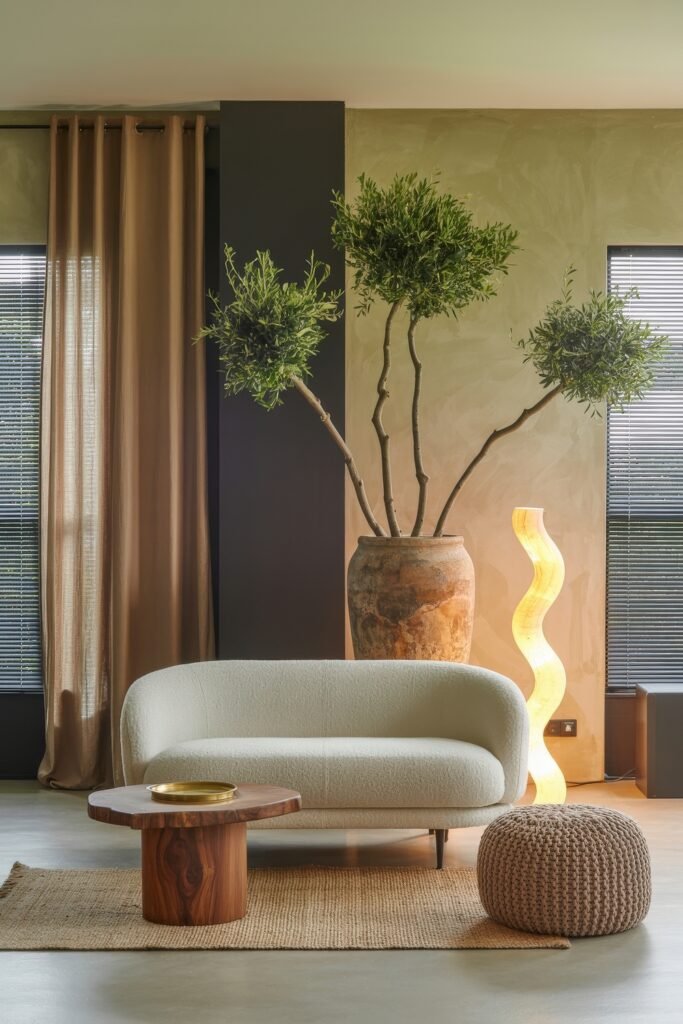 Rustic Luxury Living Room: Warm and Unique Living Area Themes 35 Modern natural-themed living room featuring a curved white boucle sofa, knit pouf, glowing sculptural lamp, and rustic vase with a tall tree, complemented by a rounded live-edge table.
