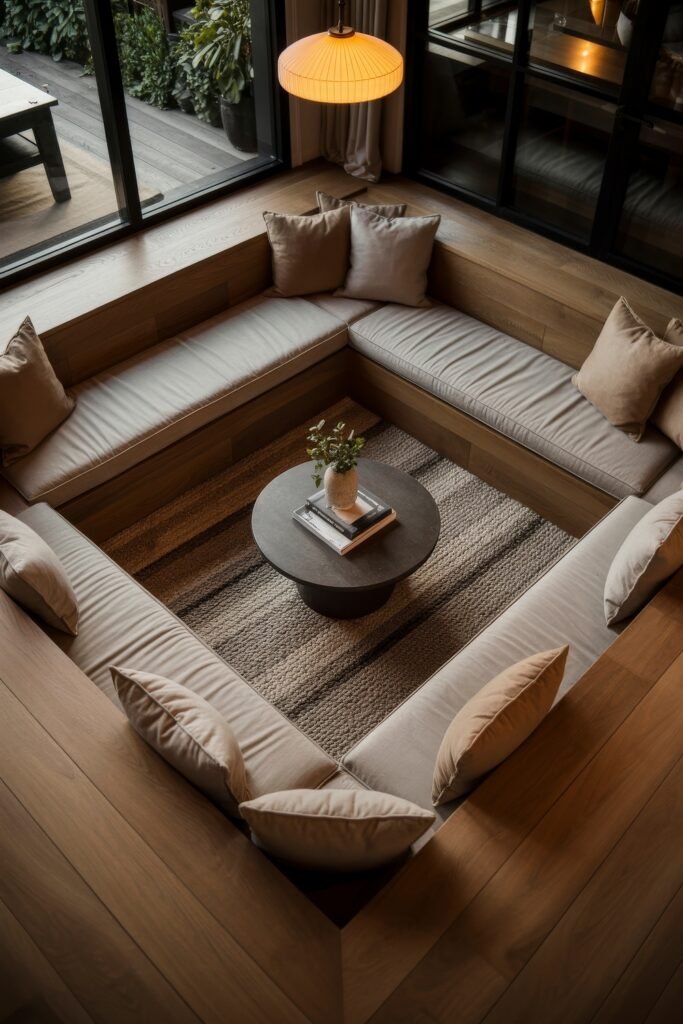 Sunken living room Magic: Cozy Tips for Instant Depth 32 A modern sunken seating area framed by wood paneling, with long gray cushions and neutral pillows forming a square around a round black coffee table. The central area features a striped woven rug and a small plant atop a stack of books, with large windows and soft ambient lighting.