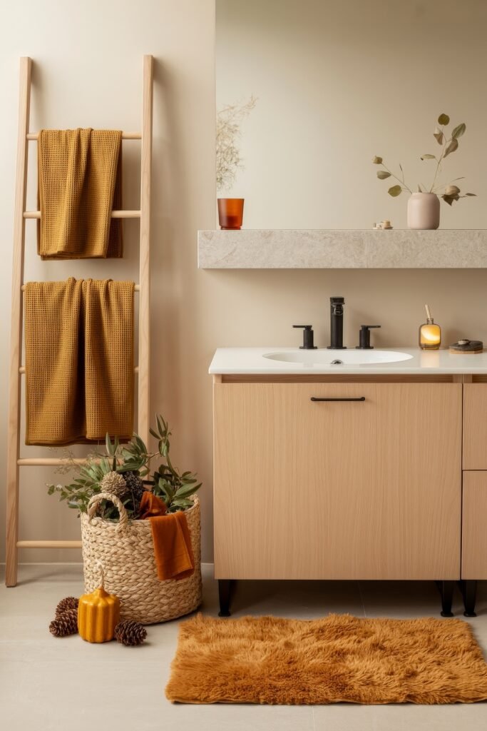 Fall Bathroom Decor: Cozy Upgrades for Instant Spa 32 Neutral bathroom with a ladder rack holding amber-toned towels, a soft shaggy rug, and a woven basket of foliage, pinecones, and burnt orange accents, styled with gold decor and warm lighting for an inviting fall bathroom decor look.