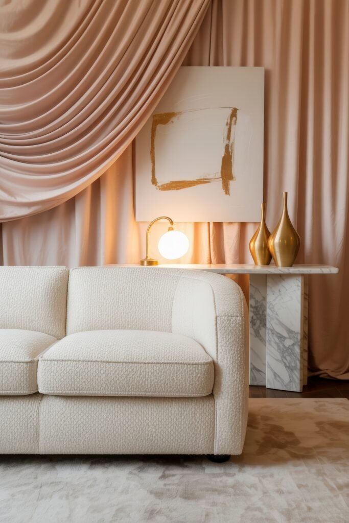 Luxury Curtains Living Room: Luxurious Curtains & Window Treatments 26 Chic and cozy luxury curtains living room with softly draped pink curtains, a cream textured couch, marble console table, and modern decor including abstract gold artwork and vases.