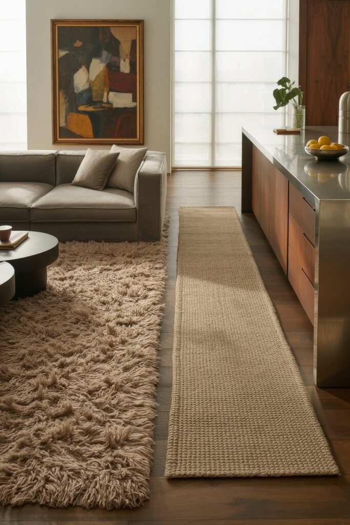 Open kitchen and living room: Smart Tips for Seamless Flow 33 Sophisticated living space with a taupe leather sofa, abstract wall art, and a beige shag rug next to a natural fiber runner along a modern kitchen island.