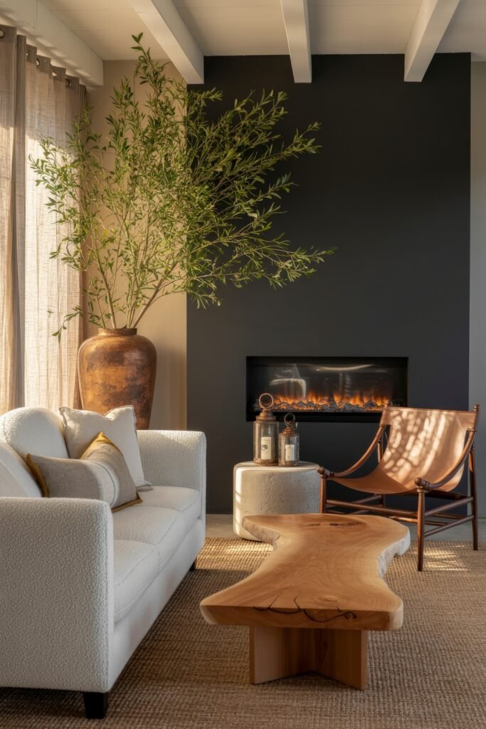 Rustic Luxury Living Room: Warm and Unique Living Area Themes 36 Sophisticated cozy setting with a boucle sofa, sculptural wood coffee table, leather sling chair, and a sleek fireplace inset into a black wall, with a large terracotta vase holding olive branches.