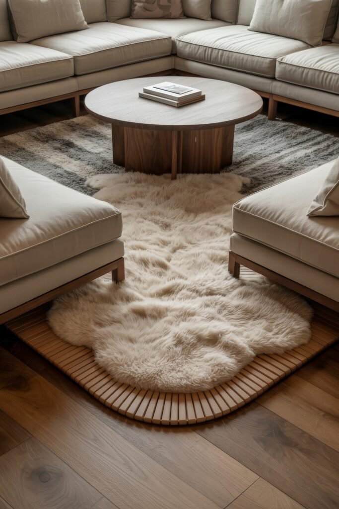 Sunken living room Magic: Cozy Tips for Instant Depth 33 A luxurious sunken lounge with beige upholstered seating forming a square around a circular wood coffee table. A plush white faux fur rug rests over a slatted wood mat, partially covering a larger gray patterned rug beneath, creating a layered and tactile visual centerpiece.