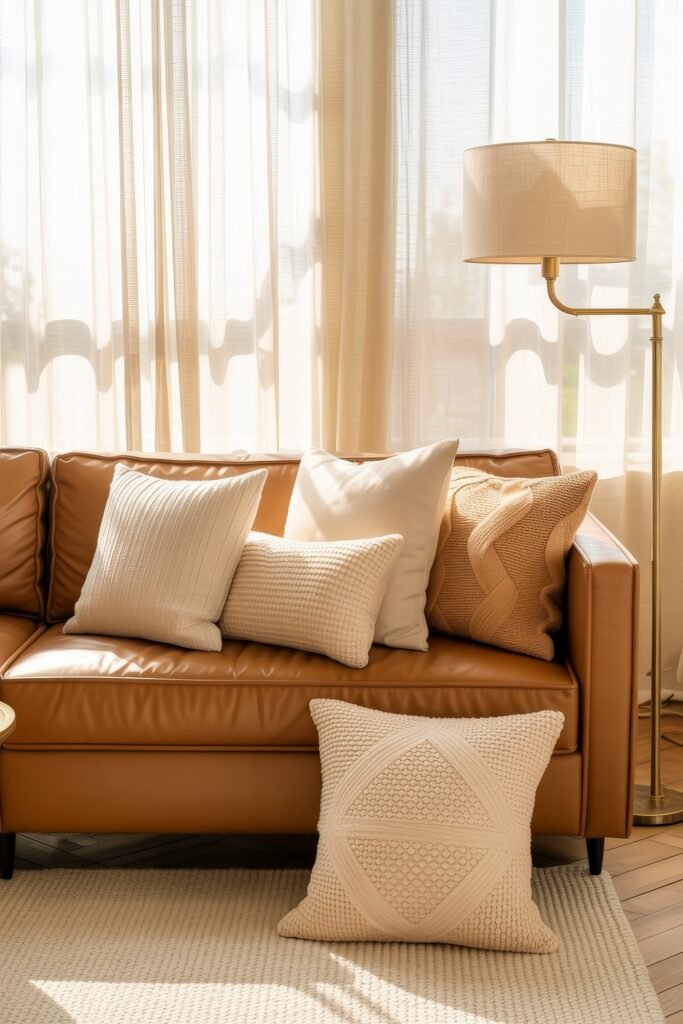 Brown Couch Living Room Ideas: Cozy and Chic Decor Inspiration 8 Light-filled living room featuring a brown leather couch with mixed-texture pillows and a cream floor lamp, illustrating bright and cozy brown-themed living rooms.