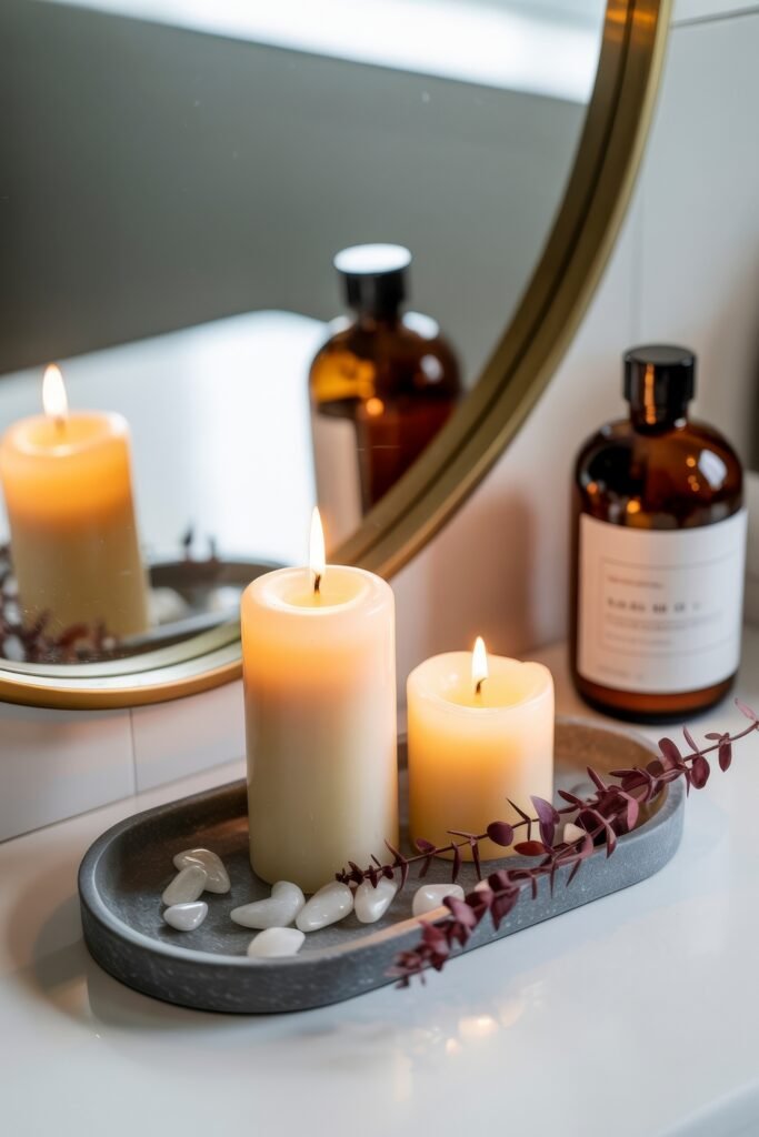 Fall Bathroom Decor: Cozy Upgrades for Instant Spa 7 Close-up of a bathroom vanity with two lit candles on a gray tray, surrounded by white stones and a sprig of burgundy foliage, with amber bottles in the background creating a calming seasonal spa ambiance.