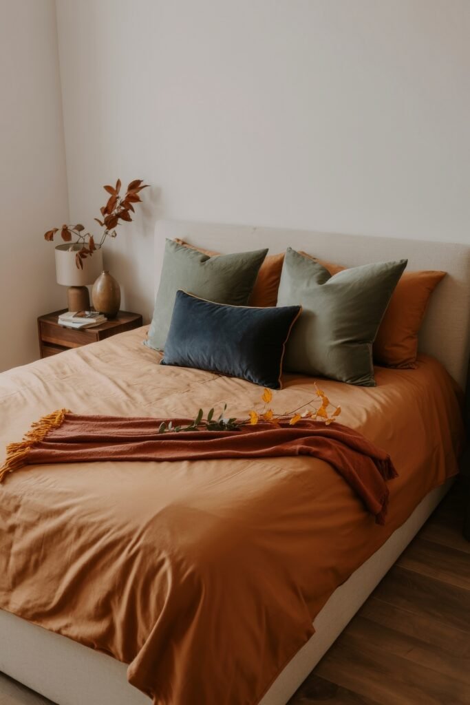 Fall Bedroom Decor: Cozy Ideas You’ll Love 7 Simple fall-themed bedroom with rust and green pillows, amber sheets, and a rust throw accented with autumn leaves, beside a wooden nightstand with dried branches.