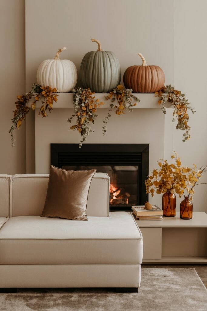 Fall Living Room Decor: Brilliant Ways to Cozy Up 6 Neutral fireplace decor for fall with oversized white, sage, and copper pumpkins on the mantel, draping autumn foliage, and a cozy seating area with amber glass vases and a glowing fire.