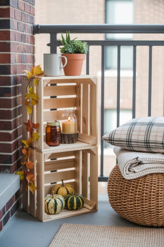 Fall Outdoor Decor: 12 Brilliant Touches for Tiny Porches 6 Small balcony setup featuring wooden crates stacked as shelves, with candles, mini pumpkins, honey jar, a mug, potted plant, and cozy blankets for a warm fall touch.