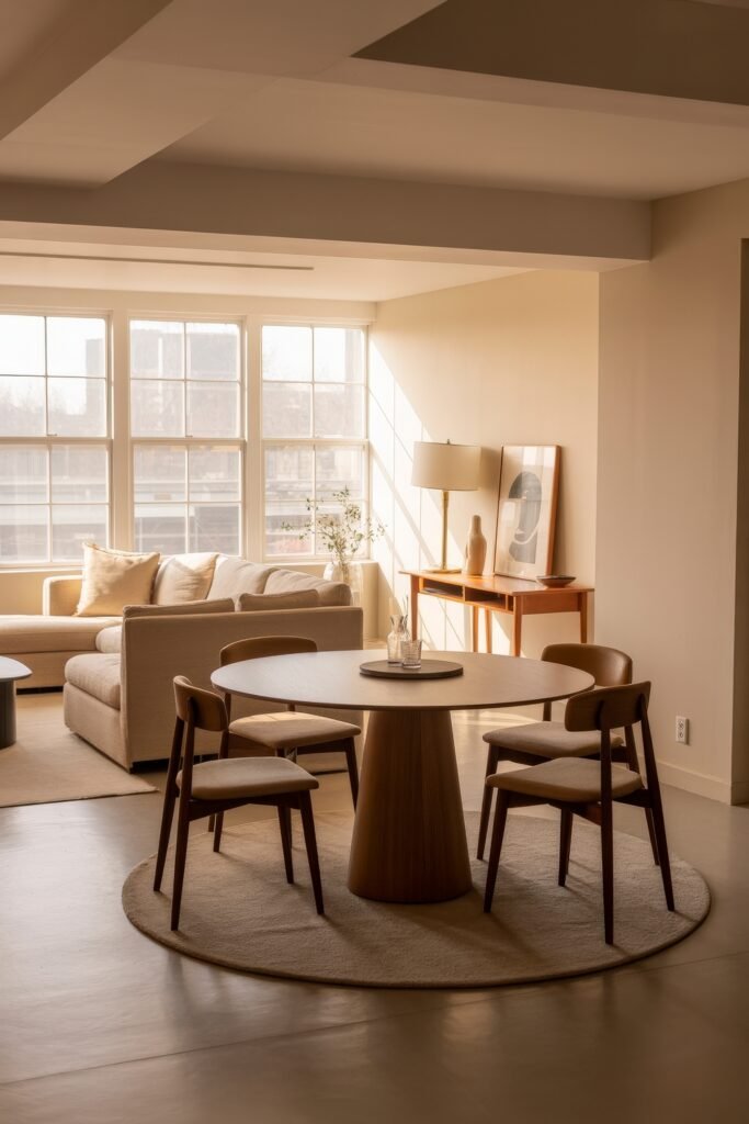 Living Room Dining Room Combo: 15 Fresh Design Boosts 5 Sunlit corner living room layout featuring a light beige sectional and a round wooden dining table, with soft shadows cast through tall grid windows, evoking a serene and minimalist vibe.