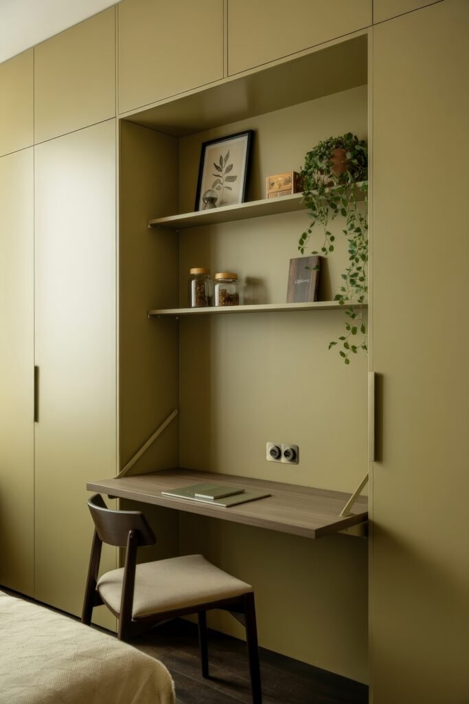 Living room office combo: Clever Ideas You’ll Love 5 Built-in olive green wall unit with a fold-out desk, shelves holding plants and decor, and a simple chair, creating a compact and efficient home office nook.
