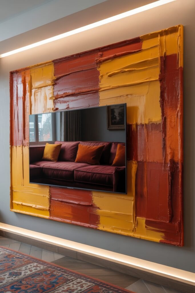Living Room TV Wall Luxury: Sleek Ideas for a Stylish Setup 7 Artistic media wall with a mounted TV framed by a bold, sculptural abstract surround in vibrant orange and yellow hues, reflecting a maroon sofa with orange pillows in its glossy surface.