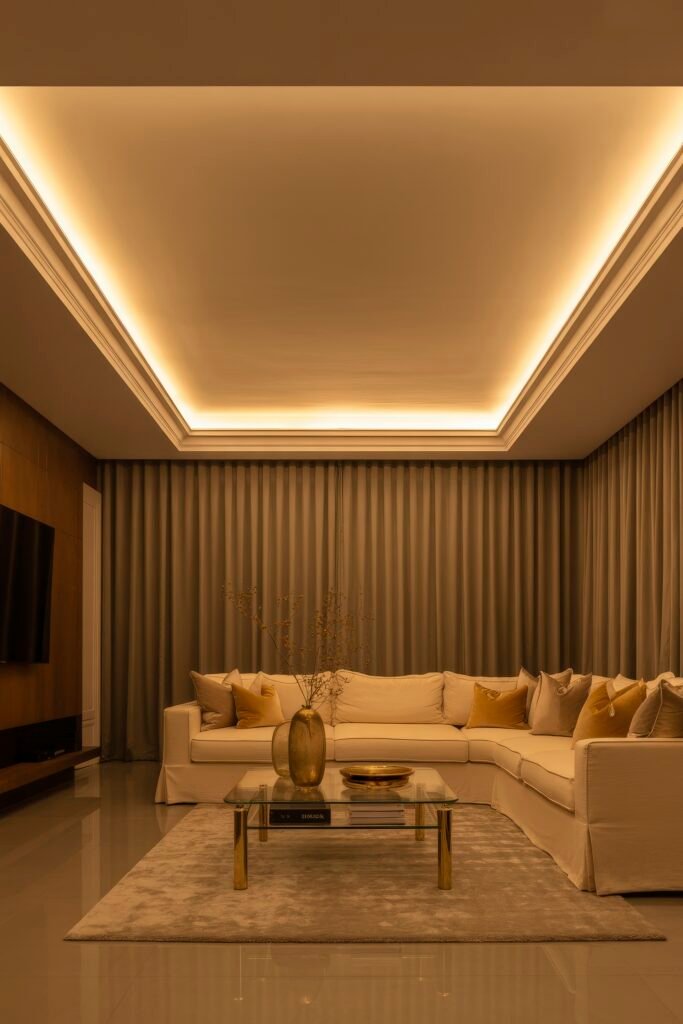 Luxury Ceiling Design in Living Rooms 6 Cozy modern living room with a warm recessed ceiling glow, cream sectional sofa with gold-accented pillows, and a glass coffee table with decorative vase and tray creating a serene luxury living room environment.