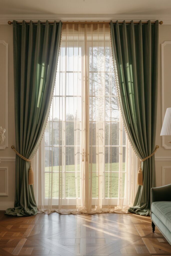 Luxury Curtains Living Room: Luxurious Curtains & Window Treatments 6 Airy luxury curtains living room with flowing sage green drapes tied back to reveal sheer beige curtains on tall French doors, overlooking a manicured lawn.