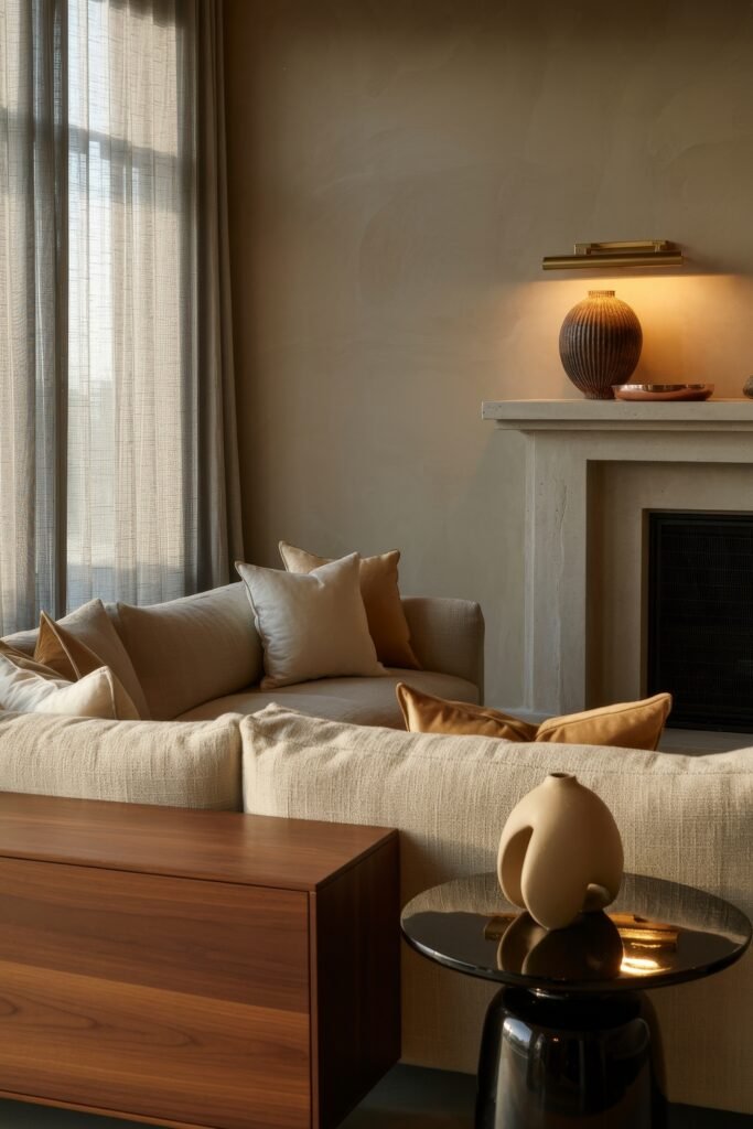 Modern Luxury Living Room: Designing a Sleek Luxe Lounge 7 Warm, inviting living room with a linen sectional sofa piled with neutral cushions, stone fireplace mantel holding a ceramic lamp, and walnut storage bench bathed in golden evening light