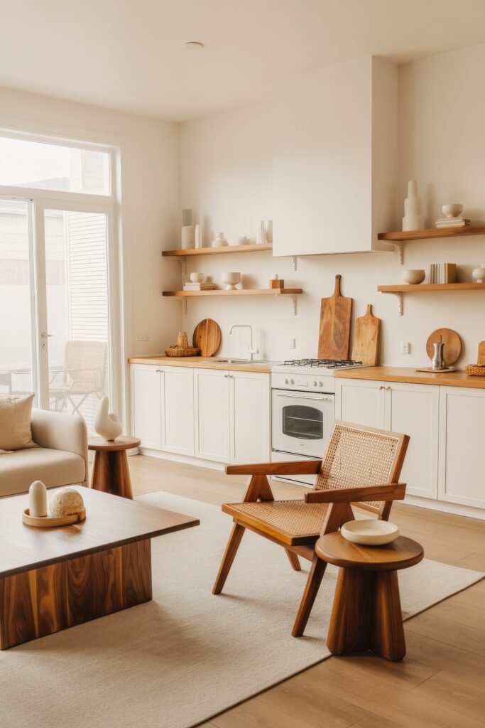 Open kitchen and living room: Smart Tips for Seamless Flow 4 Minimalist open kitchen and living room with warm wooden furniture, light neutral tones, and open shelving, highlighted by natural light and clean design.