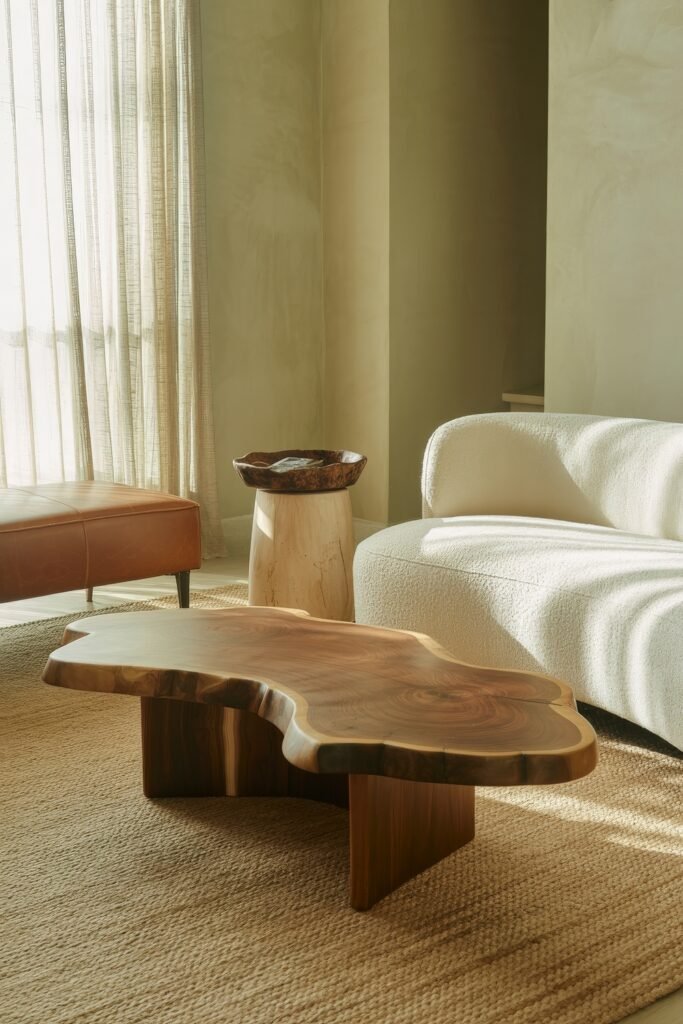 Rustic Luxury Living Room: Warm and Unique Living Area Themes 6 Sunlit minimalist room with a sculptural wood coffee table, soft boucle seating, caramel leather bench, and neutral walls enriched by warm afternoon light and organic textures.
