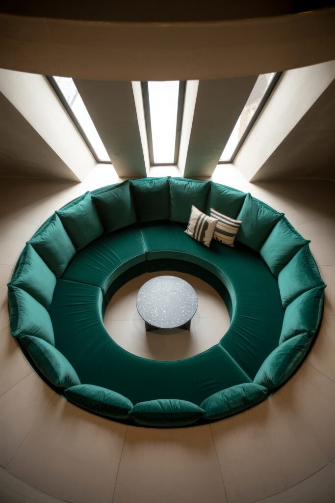 Sunken living room Magic: Cozy Tips for Instant Depth 5 Circular sunken seating area with bold emerald green upholstery, plush cushions, and a terrazzo coffee table, lit by dramatic angled skylights above.