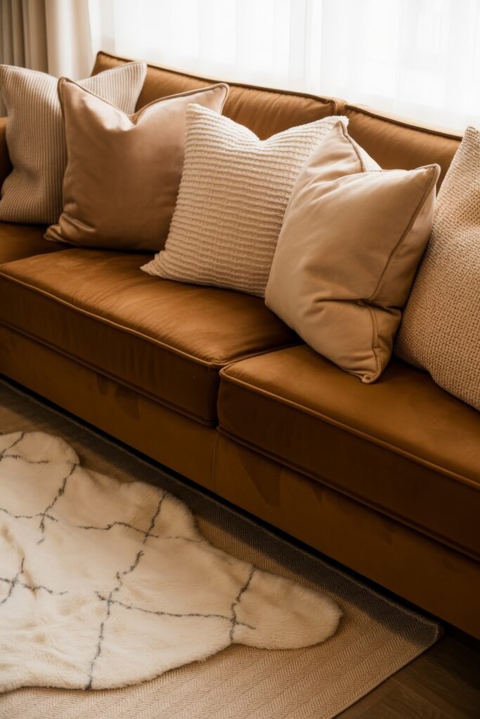Brown Couch Living Room Ideas: Cozy and Chic Decor Inspiration 9 Close-up of a brown velvet couch adorned with neutral and ribbed throw pillows, resting on a layered rug with a plush white accent, showcasing brown couch living room ideas.