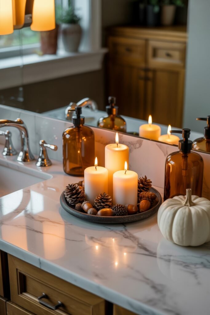 Fall Bathroom Decor: Cozy Upgrades for Instant Spa 8 Marble vanity top with three pillar candles surrounded by pinecones and acorns on a tray, beside amber bottles and a white pumpkin, reflecting in the mirror and evoking cozy fall decor.