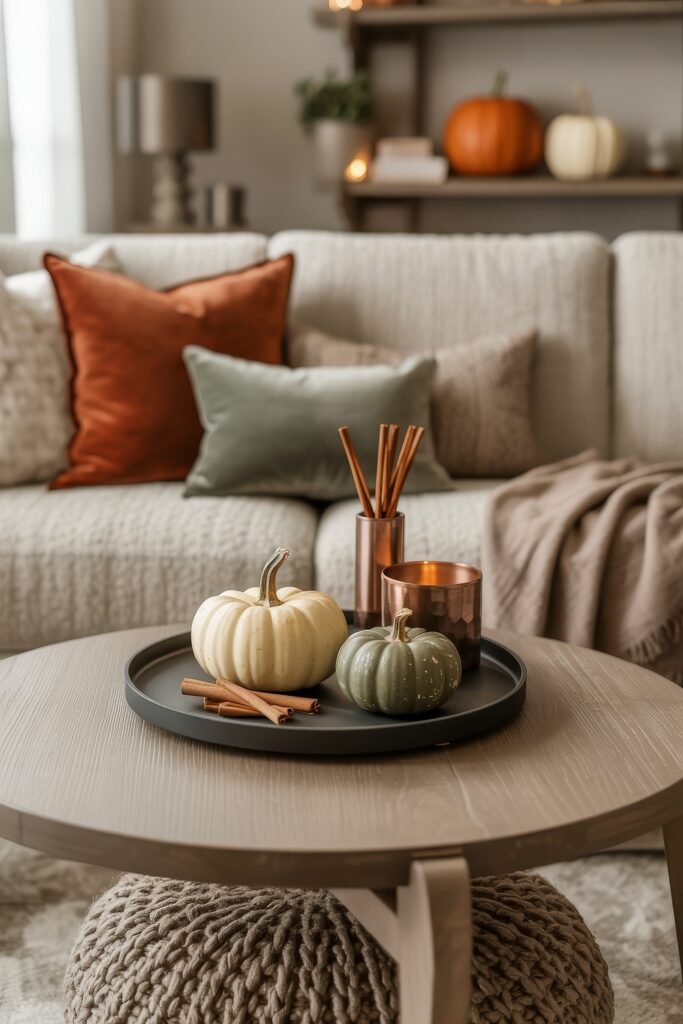 Fall Living Room Decor: Brilliant Ways to Cozy Up 7 Earthy fall living room decor with a close-up of a coffee table displaying white and green pumpkins, cinnamon sticks, and copper candles, set in front of a sofa with cozy pillows and throws.