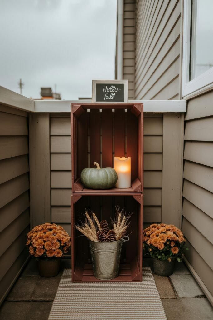 Fall Outdoor Decor: 12 Brilliant Touches for Tiny Porches 7 Corner balcony vignette with stacked burgundy crates holding a pumpkin, LED candle, wheat and pinecones in a tin bucket, framed "Hello fall" sign, and potted mums.