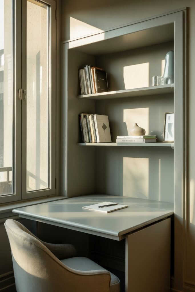Living room office combo: Clever Ideas You’ll Love 6 Small, light-filled study space with a grey desk, built-in shelving, books, and a cozy armchair near a tall window, ideal for quiet work or reading.