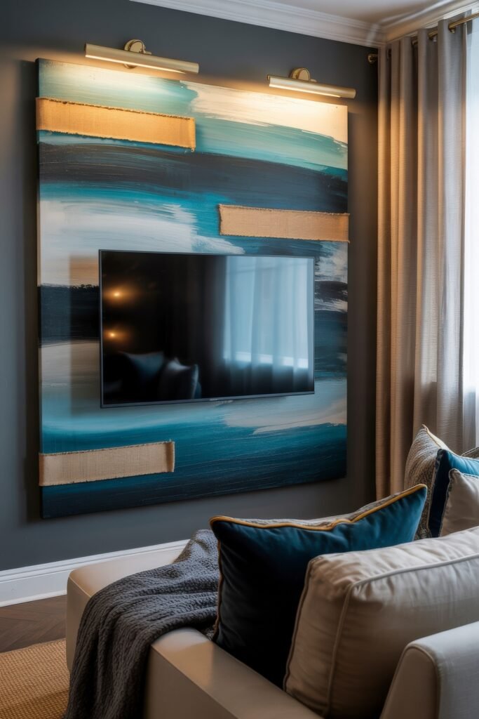 Living Room TV Wall Luxury: Sleek Ideas for a Stylish Setup 8 Modern living space with a wall-mounted TV integrated into a striking abstract panel painted in shades of teal and white with burlap-textured gold patches, framed by ambient lighting and a plush sofa with rich blue pillows.