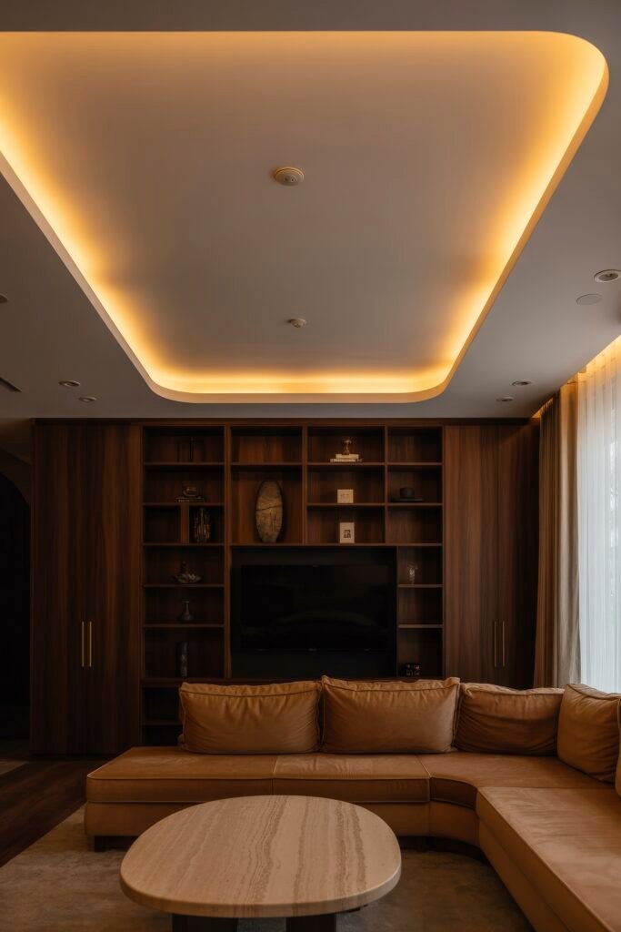 Luxury Ceiling Design in Living Rooms 7 Warm-toned space featuring a recessed rectangular ceiling with soft lighting, brown sectional sofa, wood-paneled walls with shelving and television, and a travertine coffee table evoking comfort and understated elegance.