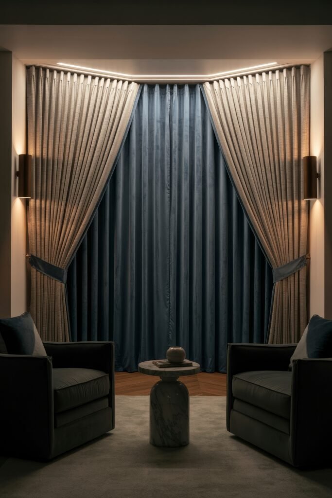 Luxury Curtains Living Room: Luxurious Curtains & Window Treatments 7 Intimate sitting area with layered grey and blue drapes in a recessed alcove, two velvet armchairs facing a round marble side table under soft ambient lighting.