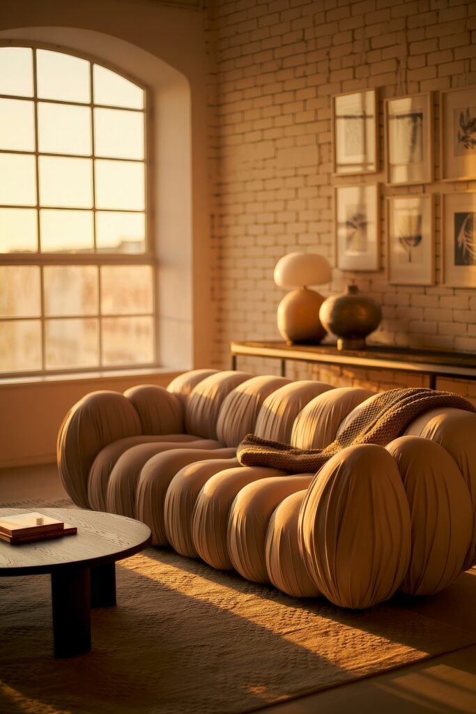 Luxury Sofa Living Room: Furniture for a Luxury Lounge 7 Warm-toned loft living room with a unique puffy sofa in soft fabric, bathed in golden hour light, accompanied by a knit throw and a black coffee table with books.