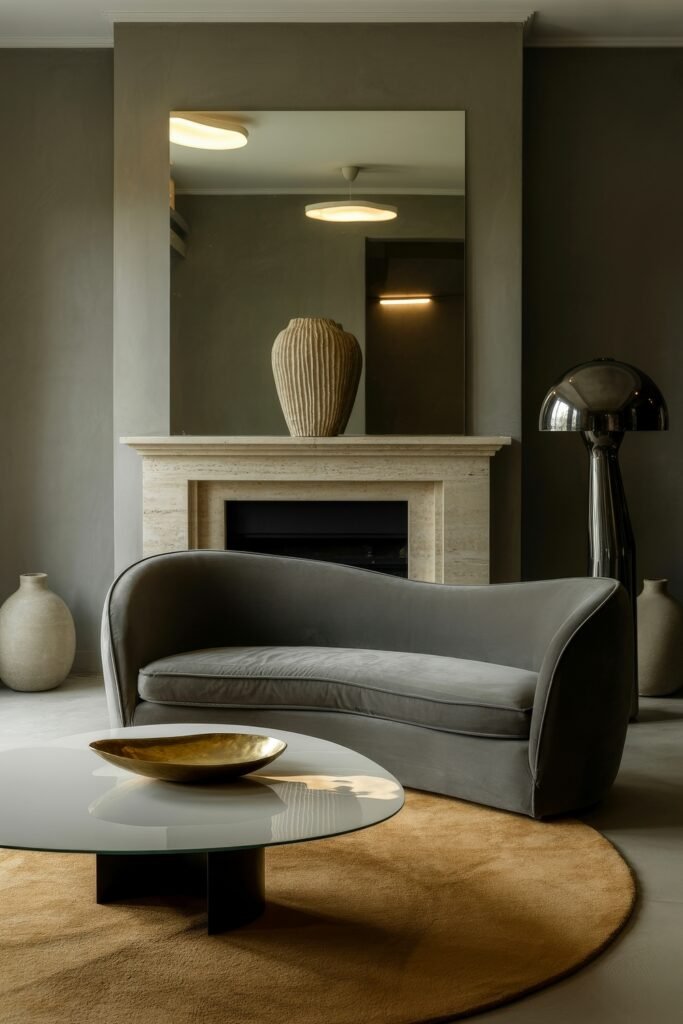 Modern Luxury Living Room: Designing a Sleek Luxe Lounge 8 Refined modern luxury living room showcasing a grey velvet sofa before a travertine fireplace and large mirror, glass coffee table with brass bowl and sculptural lighting within dark toned walls
