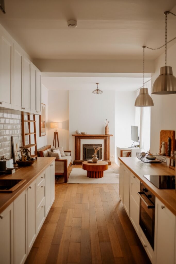Open kitchen and living room: Smart Tips for Seamless Flow 5 Long galley kitchen flowing into a living area with a small sofa and fireplace, combining rustic wood elements and soft ambient lighting in an inviting open layout.