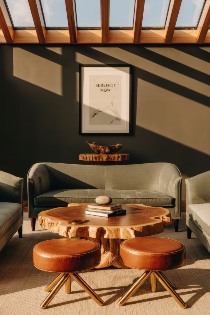 Rustic Luxury Living Room: Warm and Unique Living Area Themes 7 Rustic luxury living room bathed in golden sunlight from a skylight, with a green velvet sofa, sculpted wood coffee table, leather stools, and framed artwork reading “Serenity Now”.