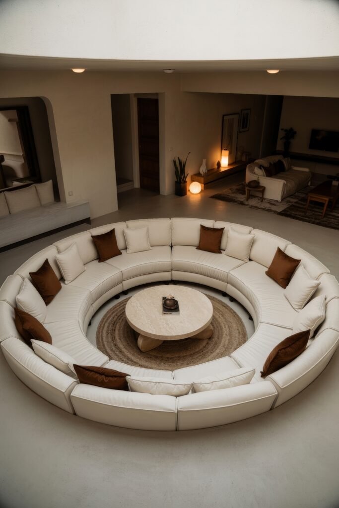 Sunken living room Magic: Cozy Tips for Instant Depth 6 Elegant sunken living room featuring a large white circular sectional with brown and white pillows, centered around a textured round coffee table, connected to a larger open-plan space.