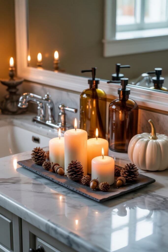 Fall Bathroom Decor: Cozy Upgrades for Instant Spa 9 Elegant bathroom counter with lit candles, pinecones, acorns, amber glass bottles, and a white pumpkin on a dark tray, styled against a mirror and chrome faucet for a refined fall bathroom decor display.