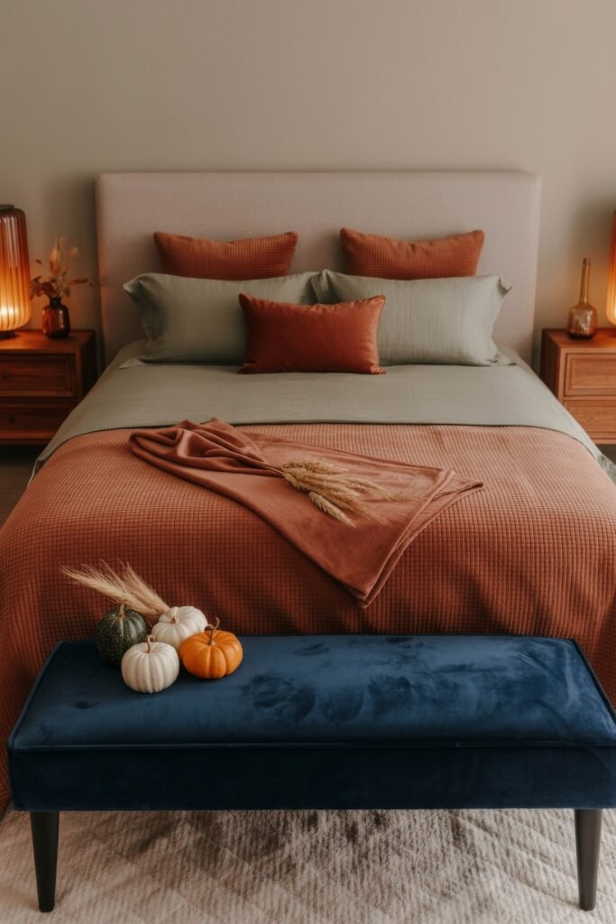 Fall Bedroom Decor: Cozy Ideas You’ll Love 9 Autumn bedroom decor with warm rust and sage bedding, orange throw, and assorted pumpkins on a blue velvet bench at the foot of the bed, flanked by amber glass lamps.