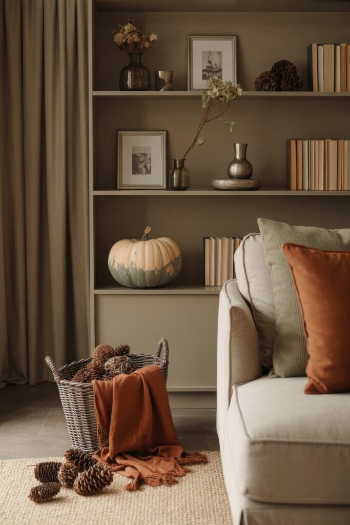 Fall Living Room Decor: Brilliant Ways to Cozy Up 8 Sophisticated fall bookshelf styling with muted tones, a large two-toned pumpkin, vintage books, framed photos, and a wicker basket filled with pinecones and a rust-colored blanket beside a cream sofa.