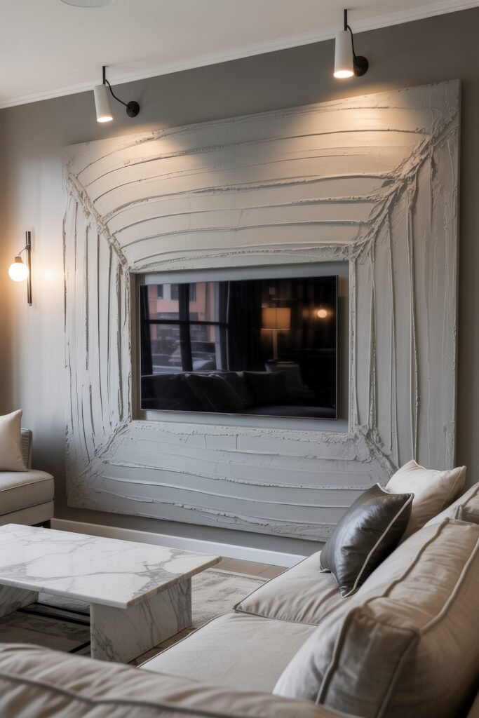 Living Room TV Wall Luxury: Sleek Ideas for a Stylish Setup 9 Monochromatic luxury living room with a wall-mounted TV embedded in a sculptural grey plaster surround with sweeping texture, paired with soft grey seating and a marble slab coffee table.