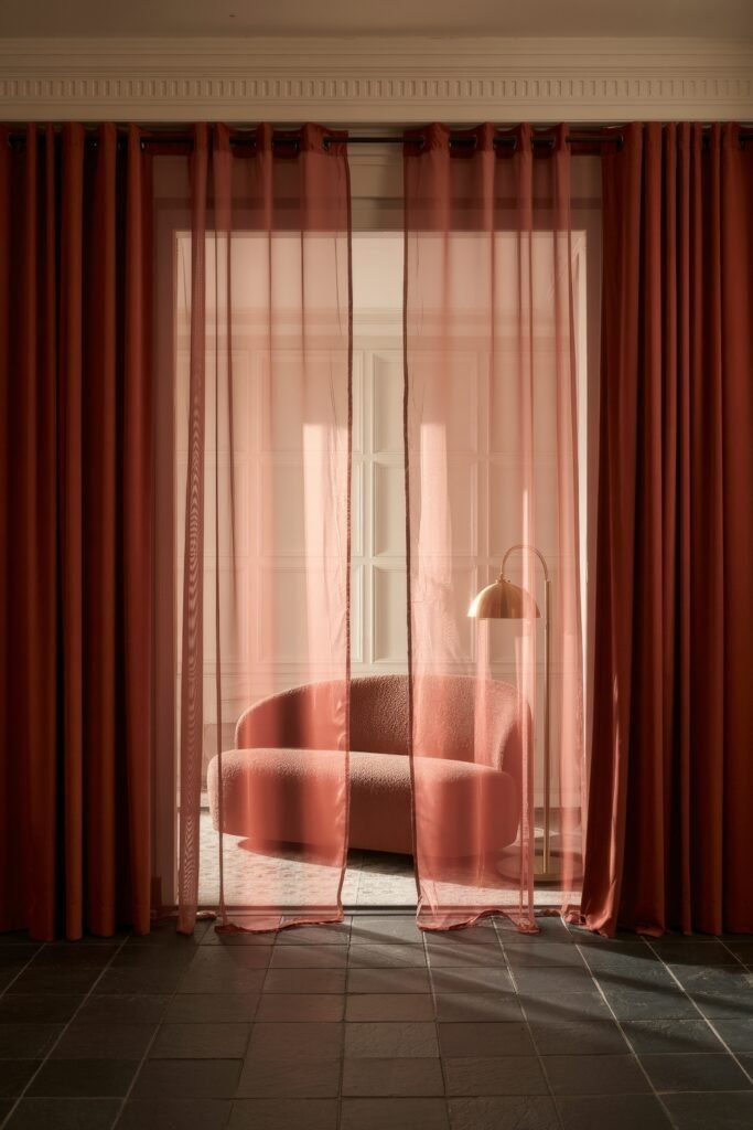 Luxury Curtains Living Room: Luxurious Curtains & Window Treatments 8 Minimalist room with sheer pink curtains over deeper red velvet panels, softly backlit and surrounding a plush curved sofa and brass floor lamp.
