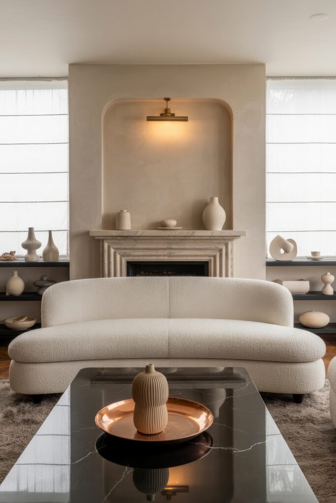 Modern Luxury Living Room: Designing a Sleek Luxe Lounge 9 Bright, minimalist living room centred on a white boucle sofa facing a glossy black coffee table, flanked by shelves of neutral pottery and a decorative marble fireplace under diffused daylight
