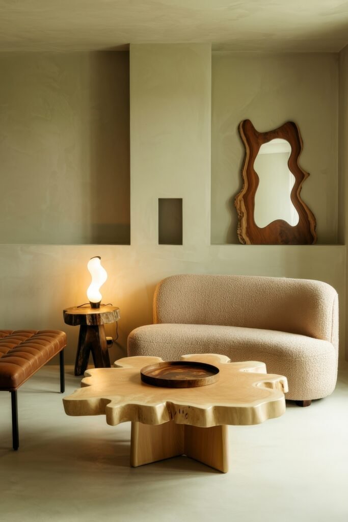 Rustic Luxury Living Room: Warm and Unique Living Area Themes 8 Contemporary living space with organic curves and soft tones, featuring a rounded boucle loveseat, sculptural wood coffee table, leather bench, and fluid-shaped mirror and lamp.